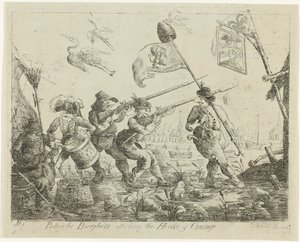 Spotprent op Goejanverwellesluis, 1787 Patriotiska borgare attackerar House of Orange (titel på objekt)
