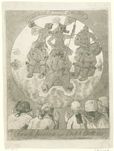 Spotprent op de Franse invasie, 1795 Fransk invasion på holländska bottnar. Ombres Chinoises / Terror the Order of the Day (titel på objekt)