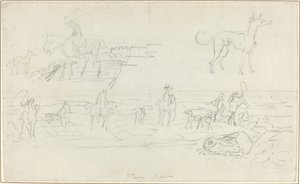 Jägare med hundar och en hukande hare [recto] av James Seymour