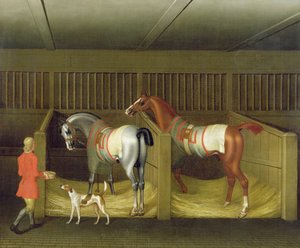 Stallet och två berömda springhästar som tillhör His Grace, hertigen av Bolton, 1747
