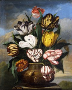 Tulpaner i en vas, med en larv, en snigel och en fluga, på en sockel i ett landskap, 1826
