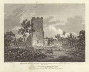 Robert Bloomfield, poet: Honington Church, and the Cottage där Robert Bloomfield föddes (gravyr) av James Storer