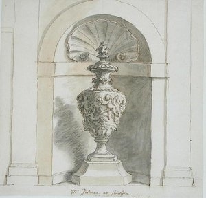En nisch för Mr Portmans House i Sherborne (penna, bläck och brunt tvätt på papper) av James Thornhill