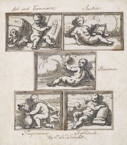 Konst och handel; Rättvisa; Försiktighet; Måttlighet; och styrka, av James Thornhill