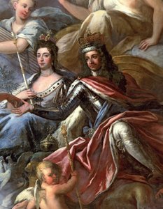 Tak i den målade salen, detalj av kung William III 1650-1702 och drottning Mary II 1662-94 tronade, 1707-14 se 208087