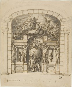 Design för scenografi (Hampton Court) med mytologiska figurer av James Thornhill