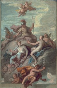 Juno, Minerva och Venus skickar Merkurius med discordens äpple, ca 1718