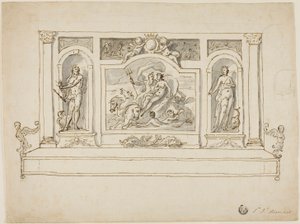Neptunus och Amphitrite flankerade av Jupiter och Juno: Design för målad hall- eller trädgårdsbänk av James Thornhill