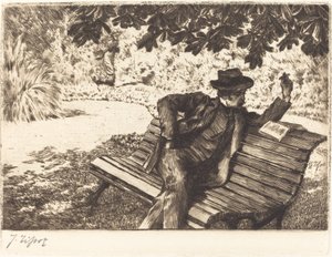 Denoisel läser i trädgården, 1882. av James Tissot