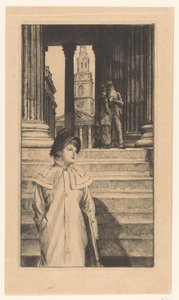 Ung kvinna går ner för trappan på National Gallery i London av James Tissot