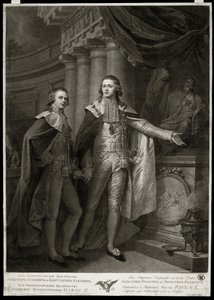 Porträtt av storhertigarna av Ryssland Alexander I Pavlovich (1777-1825) och Constantin Pavlovich (1779-1831). Verk av James Walker (1748-cirka 1808), gravyr 1797. Engelsk konst