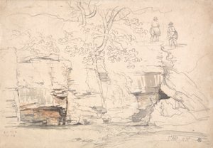 En stenig sluttning med träd och figurer av James Ward