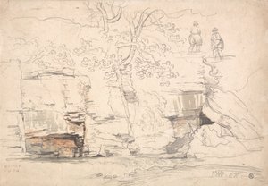 En klippig bergssluttning med träd och figurer av James Ward