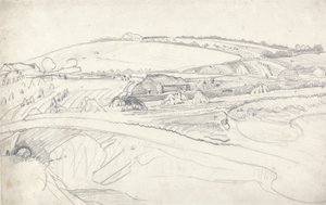 Landskap med gård och majsstockar (penna på papper) av James Ward