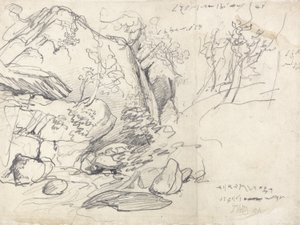 Studie av ett berg med träd (svart krita på papper) av James Ward