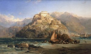Vy över San Sebastian (Spanien), i mitten Mount Urgull och byggnaderna i slottet Santa Cruz de la Mota. Olja på duk av James Webb (verksam mellan 1853 och 1888). av James Webb