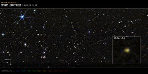 COSMOS-fältet, galaxen MoM-z14 (bild från NIRCam) av James Webb Space Telescope (NASA)
