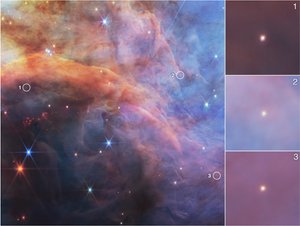 Lågmassiva objekt i Flamnebulosan (bild från NIRCam) av James Webb Space Telescope (NASA)