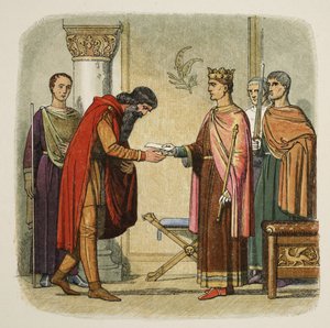 Henrik ger Dermod tillstånd att samla styrkor, 1170, från A Chronicle of England BC 55 to AD 1485, publicerad av A Chronicle of England BC 55 to AD 1485. London, 1863 av James William Edmund Doyle