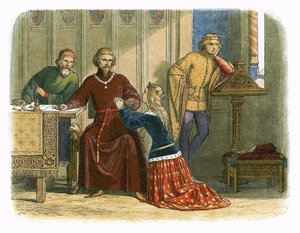 Drottning Anne förlikar sig med Gloucester och Arundel för Sir Simon Burley. av James William Edmund Doyle