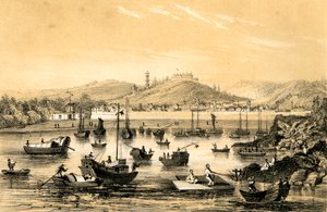Ningbo, en av de fem hamnar som öppnades av det sena fördraget för brittisk handel, Kina, 1847