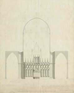 Interiör av Lichfield Cathedral - Ingång från Choir to Nave: ritning och tvätt, nd [c 1780]
