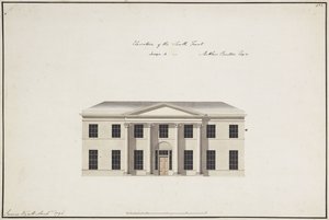 Soho House: Plan över bottenvåningen; Plan över sovrumsvåningen; Höjd av söderfronten, design A, höjd av söderfronten, design B och höjd av norra fronten, 1796