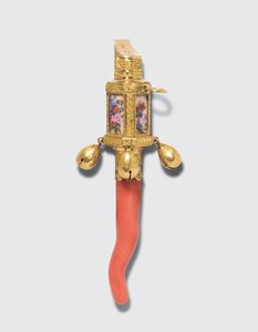 Regency barnskallra, bitring och visselpipa, märkt London 1815/1816 (emaljerat guld & korall) av James and Ray John Montague