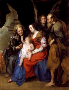 Porträtt av den heliga familjen med St Anne, Marias mor och en ängel (olja på duk av Jan Roos