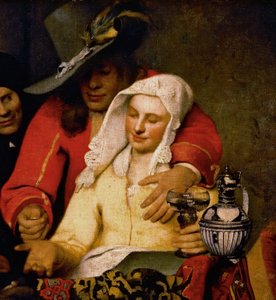 En man håller fram ett mynt till en kvinna som rör vid hennes bröst, detalj från The Procuress