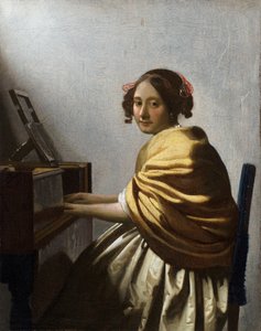 ""Ung kvinna som sitter vid en jungfru"" (En ung kvinna som sitter vid en jungfru) Målning av Jan Vermeer (Johannes) (1632-1675) ca 1670 Dim 25,1x20 cm Privat samling