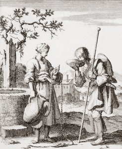 En kvinna ger en pilgrim en drink vatten