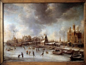 Vinterlandskap. Åkare på en frusen sjö. Målning av Burstaten (1622-1666) 1600-talet. Berlin, statsmuseet