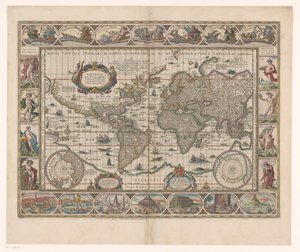 Wereldkaart met dekorativt randen En ny geografisk och hydrografisk karta över hela världen av Jan Aertse van den Ende