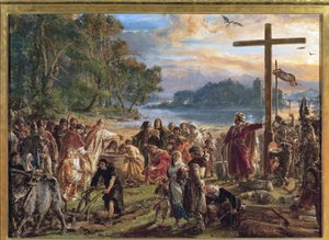 La chhristiannisation de la Pologne, 966 - The Christianization of Poland, 966. Ur serien History of Civilization in Poland, av Matejko, Jan Alojzy (1838-1893). Olja på trä av Jan Alojzy Matejko
