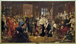 ""The Union of Lublin"": politiskt fördrag undertecknat den 1 juli 1569 i Lublin (Polen), som förenade kungariket Polen och Storfurstendömet Litauen till en enda stat, Republiken Två Nationer, styrd av en monarki val av Olja på duk