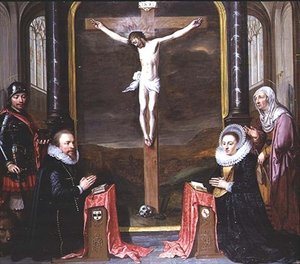 En korsfästelse med porträtt av donatorerna Adriaen Meusyenbroeck och hans fru, Anna Elant, deltog av St. Adrian och St. Elizabeth av Jan Anthonisz. van Ravesteyn