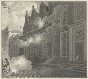Beskjutning av Lucas van Stevenincks hus, 1787 av Jan Arends (signed by artist)