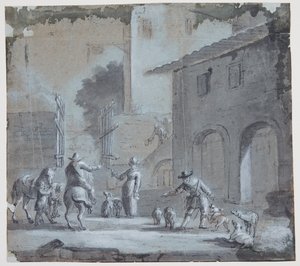 Stadsbild med öppen port, figurer och djur
