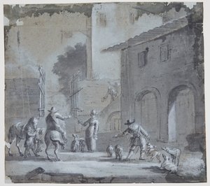 Stadsbild med öppen port, figurer och djur