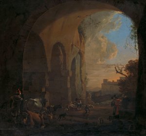 Förare med boskap under en båge av Colosseum i Rom