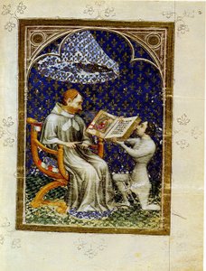 Jean de Vaudetar överlämnar sin gåva av en bok till Charles V av Frankrike. Från Jean de Vaudetars bibelhistoria, 1372 av Jan Bondol