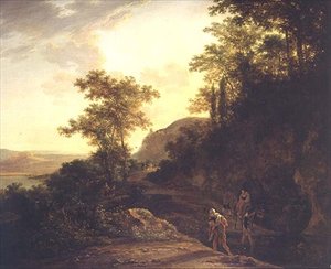 Ett italienskt skogslandskap med resenärer som vadar en bäck på ett bergspass