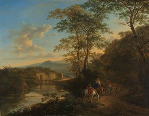 Italienskt landskap med Ponte Lucano över floden Aniene
