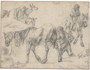 Studieblad med figurer, hästar och åsnor