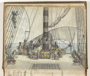 Däcksvy av ett VOC-fartyg till stormasten av Jan Brandes