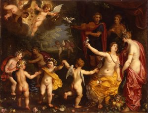 Allegori om kärlek: Venus håller ett par bundna duvor, med Ceres, Apollo och Diana, omgiven av dansande putti, i ett landskap