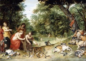 En allegori över elementen, jorden, luften och vattnet: nymfer som badar i en skogbevuxen glänta med jaktens troféer i närheten, ca 1621