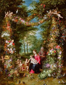 Jungfrun och barnet med spädbarnet Johannes Döparen, Sankta Anna och änglar, omgiven av en krans av blommor och frukt