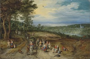 Ett vidsträckt skogslandskap med resande på ett spår och dansande bönder i förgrunden / Landscape with Travellers and Peasants on a Track av Jan Brueghel the Elder